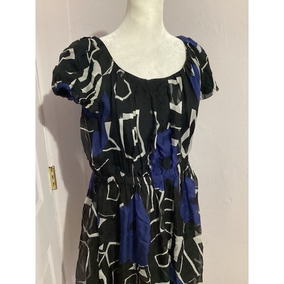 Theory Blue Black Silk Bubble Skirt Career Cocktail Mini Dress Short Sleeve S - Picture 2 of 7